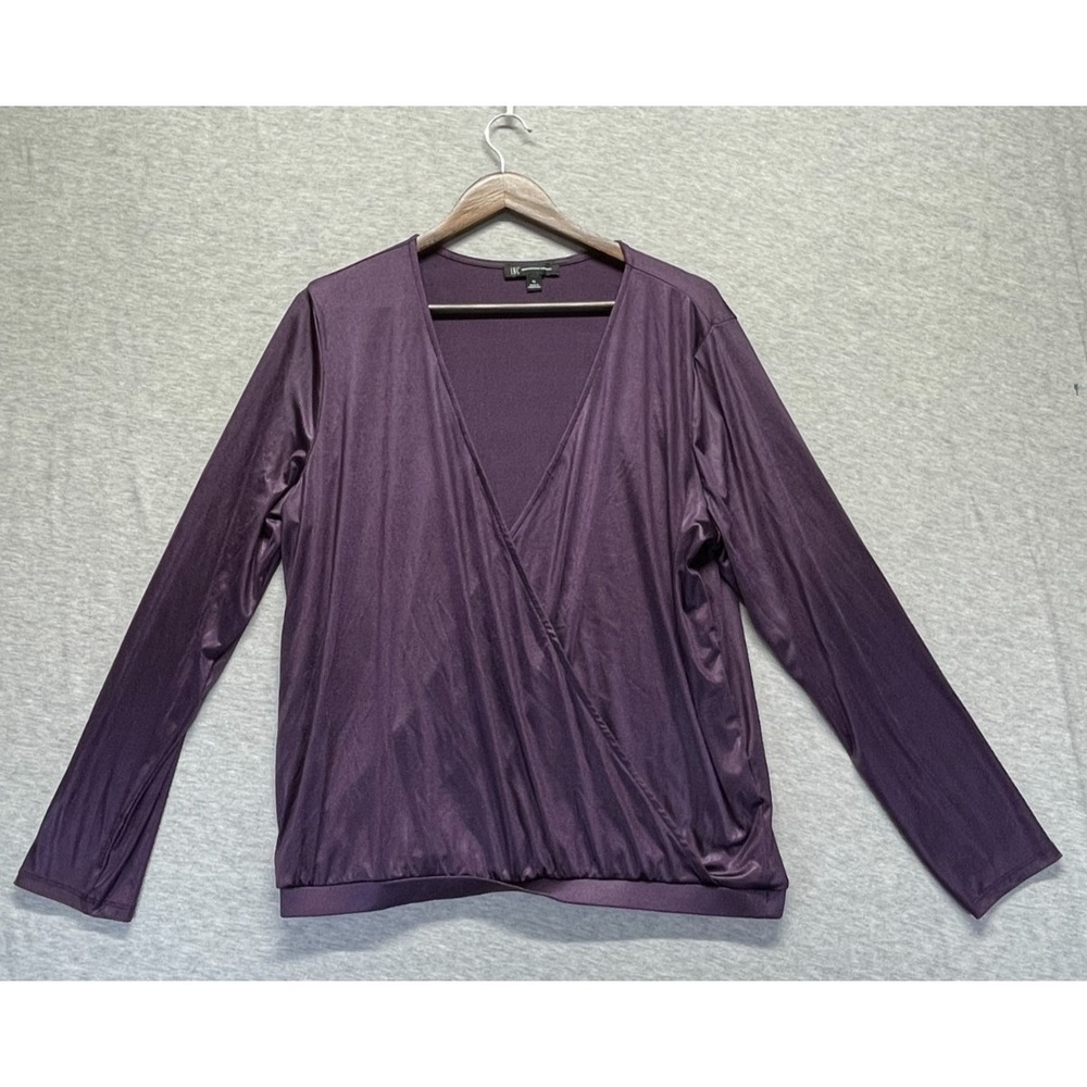 INC International Concepts Shiny Wrap Blouse Top Womens XL Purple V Neck Casual